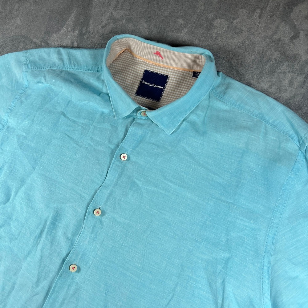 Tommy Bahama Mens 3XL Turquoise Blue Linen Cotton Blend Long Sleeve Button Shirt